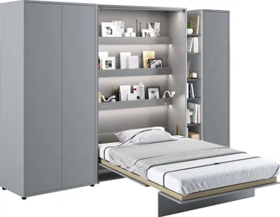 Produktbild von Wohnwand mit Schrankbett Bed Concept 120x200 Lenart Kleiderschrank Regalschrank Regal Led Beleuchtung Grau
