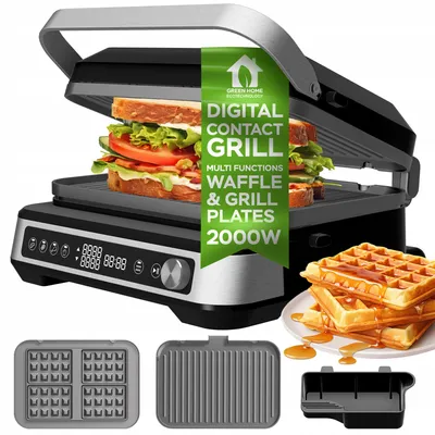 Zdjęcie produktu dla Elektryczny Grill gofrownica TurboTronic 230°c składany opiekacz toster panini 2000w Czarno Srebrny