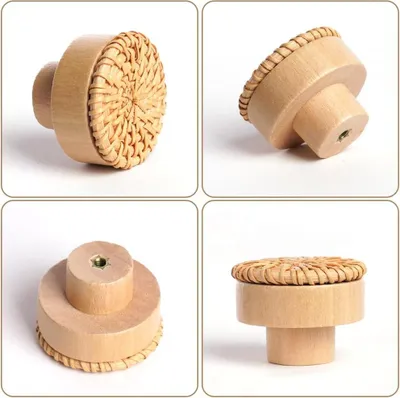Produktbild von Hölzerne Krümmung Türknöpfe 6 Stück - Set aus Rattan Möbelknöpfen für Boho Nachbildung - Vintage Schubladengriffe und Schrankgriffe für Küchenschränke - Dekorative Schubladengriffe - Türknöpfe - Hölzerne Kommodenknöpfe 4 cm - Schrankzubehör