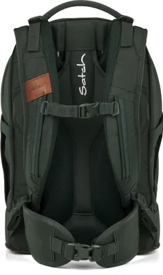 The back of a dark green backpack.