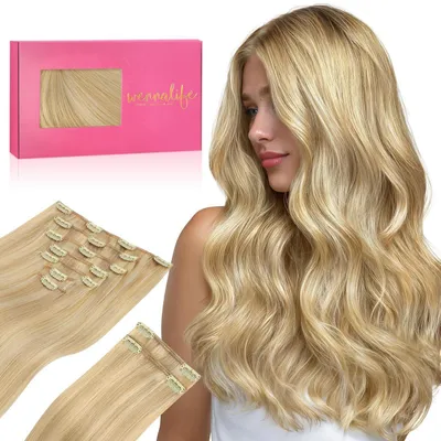 Produktbild von Haarverlängerung mit Clip 150g 55cm 9 Stück Hellblond Highlights Goldblond Echthaar Remy