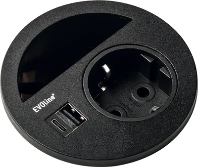 Produktbild von Evoline Circle80 Steckdose schwarz - mit Kabeldurchgang, USB-A + USB-C Doppelcharger, Tischsteckdose, 3500W, ø 80mm, 1 Stück