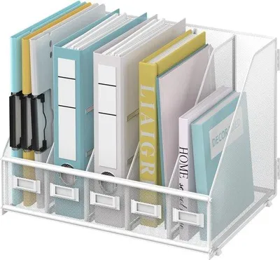 Produktbild von Ibenzoa® Weißer Metall-Schreibtisch-Organizer mit 5 vertikalen Fächern – Ablage für Dokumente, Ordner & Magazine, 40×24×32 cm (B×H×T)