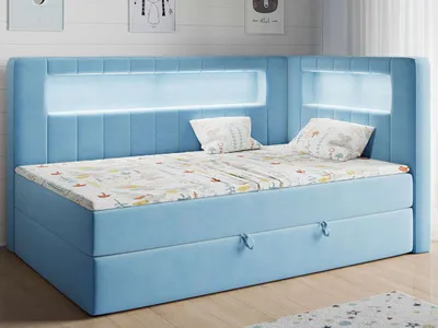 Produktbild von Polsterbett 90x200, Kinderbett mit LED, Matratze und Topper - JUNIOR-GOLD-3 - Blau - Rechte Seite