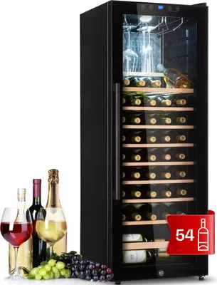 Image de Klarstein Cave à vin 54 bouteilles, cave de service avec étagères en bois amovibles, porte en verre,tactile, écran LCD, éclairage intérieur, temp de 5 à 18°C, cave a vin veillissement, Noir