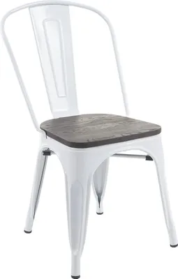 Produktbild von Stuhl MCW-A73 inkl. Holz-Sitzfläche, Bistrostuhl Stapelstuhl, Metall Industriedesign stapelbar  weiß