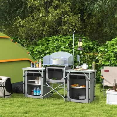 Produktbild von Campingküche klappbar mit Windschutz, faltbare Outdoor Küche, Aluminiumrahmen, Grau | 172 x 48 x 130 cm | 3 Staufächer | höhenverstellbar