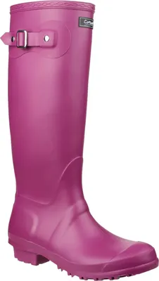 A single pink rain boot is shown against a white background.