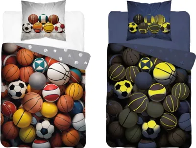 A collage of two bedding sets featuring sports balls.