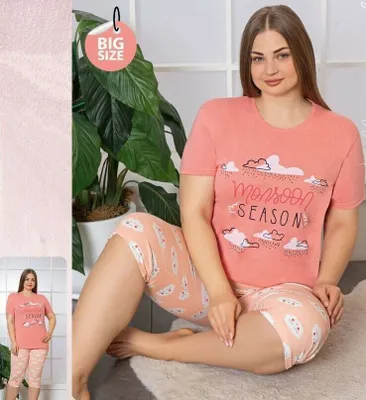 Produktbild von Damen Große Größen Pyjama Lachsfarbe 3XL Bermuda Kurz Baumwolle 2 Teiler C-91