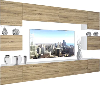 Produktbild von BELINI Wohnwand Vollausstattung Wohnzimmer-Set Moderne Schrankwand mit LED-Beleuchtung Weiß Glänzend Anbauwand TV-Schrank Sonoma Eiche Matt