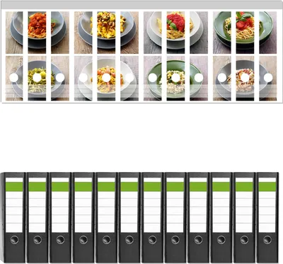 Produktbild von Wallario 12 Stück breite Ordner inkl. Klebeetiketten mit Motive Italienische Pasta -  Set mit Rückenschildern / Ordnerrücken Stickern