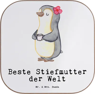 Produktbild von Mr. & Mrs. Panda Holzuntersetzer Pinguin Beste Stiefmutter der Welt - Weiß - Geschenk, Mama, Geschenkidee, Coaster, Tochter, Untersetzer Glas, Mutter, Tischschoner