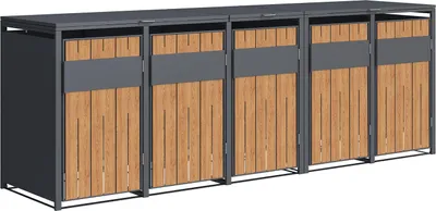 A row of five modern trash bins with wooden-look fronts and gray metal frames, presented on a white background.
