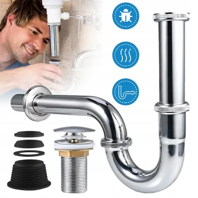 Produktbild von Universal Siphon Waschbecken Komplettset, Verstellbar Siphon aus hochwertigem Edelstahl, Röhrensiphon Ablaufgarnitur 1 1/4" mit Waschbeckenstöpsel