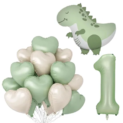 Dino-Ballonset 1. Geburtstag, Folienballon Zahl 1, 101 cm, Herzballons