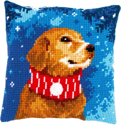 Zdjęcie produktu dla Poduszka do haftu krzyżykowego Vervaco "Pies z szalikiem", wstępnie narysowany obrazek do haftu, 40x40cm