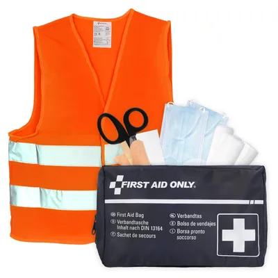 Produktbild von First Aid Only Kfz Verbandtasche DIN 13164 | Warnweste Orange, Sicherheitsweste EN ISO 20471:2013 | Auto Pannenset