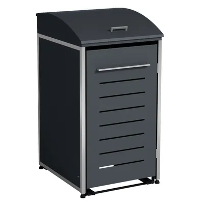 A dark gray trash bin enclosure with a silver frame and handle, shown against a white background.