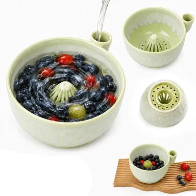 Produktbild von Beerenwaschschale aus Keramik, Obstschale mit Abtropffunktion, 6,29 Zoll Obst- und Gemüsewascher für Erdbeeren, Heidelbeeren und Küche