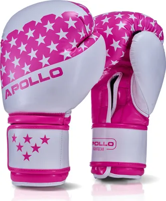 Produktbild von Apollo Boxhandschuhe Männer aus Kunstleder | Thai Boxhandschuhe Damen und Herren | für Boxsack, Training, Sparring, Fitness, MMA Handschuhe | Kickbox Handschuhe | boxing gloves 12/14/16oz. - Star Pink Weiss 14oz
