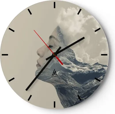 Produktbild von Wanduhr - Rund - Glasuhr - Grafik Frau Berge - 40x40cm - Schleichendes Uhrwerk - Lautlos - zum Aufhängen bereit - Dekoration Modern - Wanddekoration aus Glas - C3AR40x40-4323