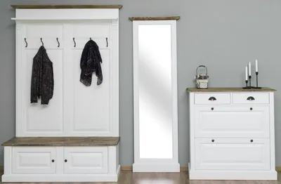 Produktbild von Casa Padrino Landhausstil Massivholz Garderobenmöbel Set Weiß / Braun - Garderobenschrank - Spiegel - Schuhschrank - Möbel im Landhausstil