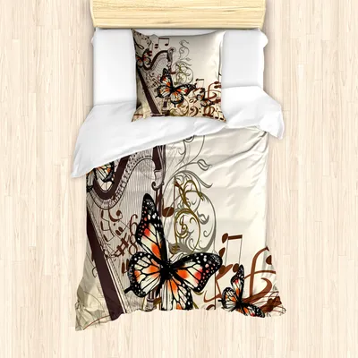 Produktbild von ABAKUHAUS Schmetterlinge Mantele, Harfe Ornament Schmetterling, Milbensicher Allergiker geeignet mit Kissenbezügen, 135 cm x 200 cm - 80 x 80 cm, Creme Orange Schwarz