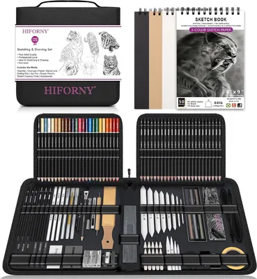 Produktbild von HIFORNY Zeichenset 126-teilig Skizzierset mit Graphitstiften Kohlestiften Skizzenbuch und Etui für Künstler und Anfänger