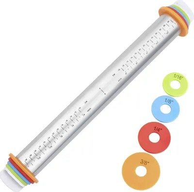 A rolling pin with measurement markings and colored spacers is shown against a white background.