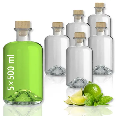 Produktbild von 5 Glasflaschen 500 ml leer zum selbst Befüllen mit Korken Apothekerflasche Essig Öl leere Flasche Schnapsflaschen Likörflaschen