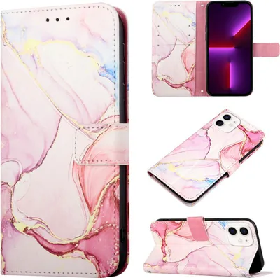Produktbild von iPhone 12 Mini Hülle, Marmor Motiv Kunstleder Tasche Wallet Kartenfächer mit Standfunktion Klapp Schutzhülle für iPhone 12 Mini Pink Weiß