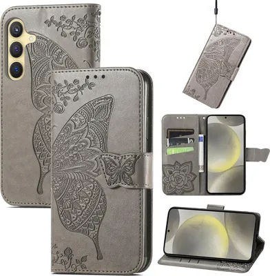 Produktbild von Für Samsung Galaxy S25 FE 5G Kunstleder Wallet Handy Tasche Schmetterling Design Hülle Etuis Grau