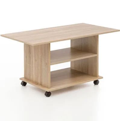 A light brown wooden coffee table with two shelves and wheels, shown against a white background.