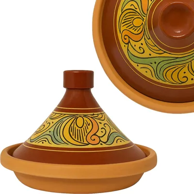 Immagine prodotto di Tajine, originario del Marocco, con ricettario della cucina nordafricana, pentola di terracotta per cucinare, Shasha Ø 31 cm, per 4-5 persone, realizzata a mano a Marrakech, priva di sostanze nocive.