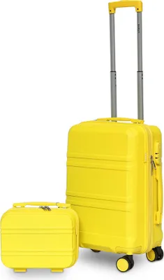 Two yellow suitcases, one larger rolling suitcase and one smaller carry-on case, are displayed against a white background.