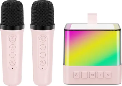 Obrázek produktu pro Karaoke stroj pro děti a dospělé, BT zpívající reproduktor se 2 bezdrátovými mikrofony a LED světly, přenosný malý karaoke stroj pro domácí párty