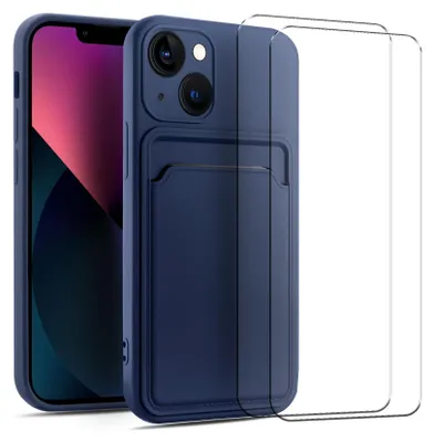 A blue iPhone case with a card holder and a screen protector are displayed against a white background.