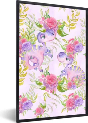 Produktbild von MuchoWow® Gerahmtes Poster Dinosaurier - Blumen - Kinderzimmer - Mädchen - Rosa - Kinder 60x90 cm - Poster mit Schwarzem Bilderrahmen Wandposter Rahmen Foto Bilder - Kunst