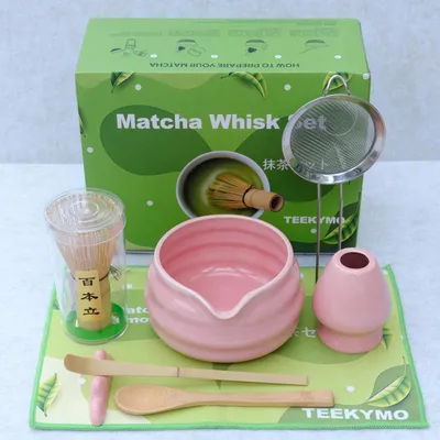 Produktbild von Matcha Besen Set 8-teilig mit Schale Ausgießer Sieb Bambus Rosa