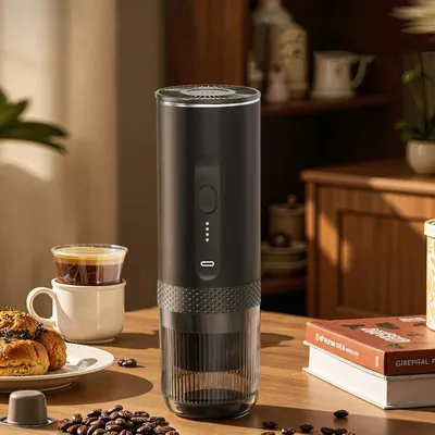 Produktbild von Tragbare Espressomaschine - 2-in-1 Kaffeemaschine - Kabellos elektrisch - Für Auto und Zuhause - Für Kapseln und Kaffeepulver - Reise und Camping