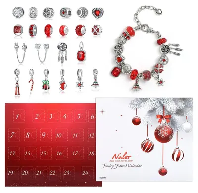 Produktbild von Adventskalender Schmuck 24-teilig Rot Glasperlen mit Ketten und Armband