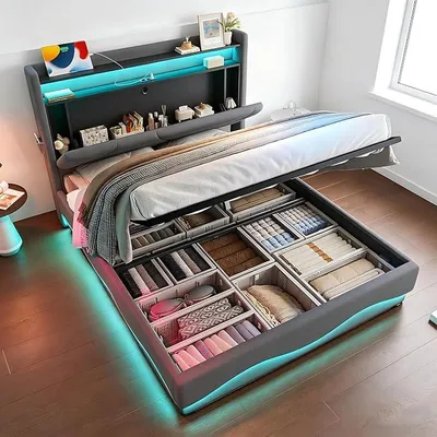 Image de Structure de lit moderne avec revêtement, dimensions 140x200 cm, MTI, avec espace de rangement en dessous. Cadre de lit pour adolescents avec tête de lit. Lit double avec éclairage LED et ports USB, sans matelas. Couleur : gris