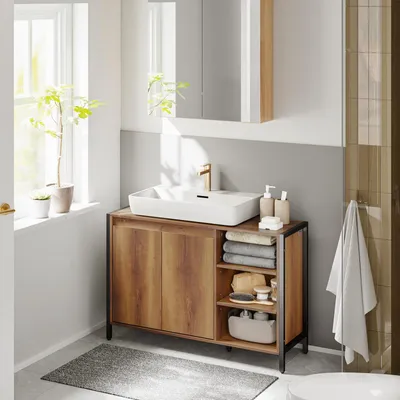 SoBuy Badmöbel BZR63-L-PF mit Waschbecken im modernen Badezimmer, Zweitüriger Schrank links