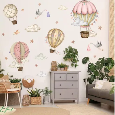 Produktbild von Wandtattoo Tiere Heißluftballon Wolken in Rosa, selbstklebend und rückstandsfrei, Kinderzimmer Wandaufkleber für Mädchen, 30 x 90 cm
