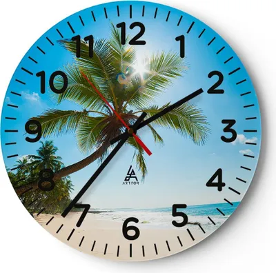 Produktbild von Wanduhr - Rund - Glasuhr - Strand Palme Meer - 40x40cm - Schleichendes Uhrwerk - Lautlos - zum Aufhängen bereit - Dekoration Modern - Wanddekoration aus Glas - C4AR40x40-3570