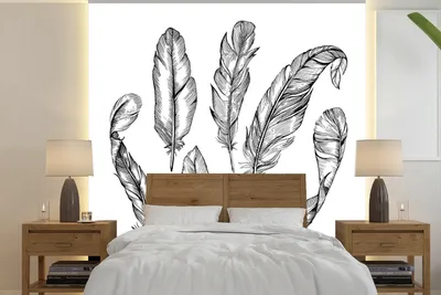Produktbild von MuchoWow® Fototapete für Wohnzimmer oder Schlafzimmer Wandtapete Vinyl Motivtapete Eine schwarz-weiße Illustration von Federn - 300x300 cm - Wanddekoration