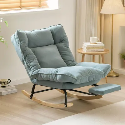 Produktbild von (Hellblau) Cord Schaukelstuhl mit verstellbarer Rückenlehne & Fußhocker, Gepolsterter Lesesessel für Wohnzimmer, Kinderzimmer oder Schlafzimmer