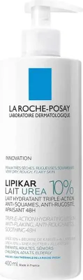 A product shot of a bottle of La Roche-Posay Lipikar Lait Urea 10% body lotion.