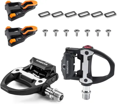 Immagine prodotto di Pedali ROCKBROS SPD, compatibili con tacchetti SPD, pedali a sgancio rapido per bici da corsa con perno in acciaio CrMo e cuscinetti sigillati, tacchetti inclusi, nero